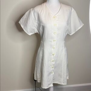 Rayon & Ramie White Button-Up Pleated Dress. Vintage Jennifer Eden. 11/12
